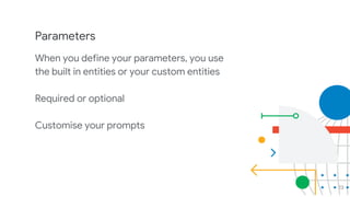 23
Parameters
When you define your parameters, you use
the built in entities or your custom entities
Required or optional
Customise your prompts
 