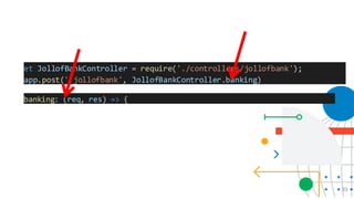 33
et JollofBankController = require('./controllers/jollofbank');
app.post('/jollofbank', JollofBankController.banking)
banking: (req, res) => {
 