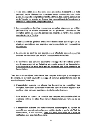 14
1. Toute association dont les ressources annuelles dépassent cent mille
(100.000) dinars désignera un contrôleur de ses comptes qui sera choisi
parmi les experts comptables inscrits à l’Ordre des experts comptables
de la Tunisie, ou inscrits au Groupe des comptables de la Tunisie sur la
liste des « spécialistes computationnels ».
2. Les associations dont les ressources annuelles dépassent un million
(100.000.000) de dinars choisiront un ou plusieurs contrôleurs des
comptes parmi les experts comptables inscrits à l’Ordre des experts
comptables de la Tunisie.
3. C’est l’Assemblée générale ordinaire de l’association qui désigne un ou
plusieurs contrôleurs des comptes pour une période non renouvelable
de trois ans.
4. La mission de contrôle des comptes sera effectuée selon des normes
définies par l’instance des experts comptables de la Tunisie.
5. Le contrôleur des comptes soumettra son rapport au Secrétaire général
du Gouvernement et au Président du comité exécutif de l’association
dans un délai d’un mois de la date de réception des états financiers de
l’association.
Dans le cas de multiples contrôleurs des comptes et lorsqu’il y a divergence
d’opinions, ils devront soumettre un rapport commun présentant le point de
vue de chacun d’entre eux.
6. L’association prendra en charge les honoraires du contrôleur des
comptes, honoraires qui seront déterminés selon le tableau appliqué aux
auditeurs des comptes auprès des institutions tunisiennes.
7. À la lumière du rapport de contrôle des comptes, l’Assemblée générale
ordinaire ratifiera les états financiers de l’association, ou refusera de les
ratifier.
8. L’association publiera ses états financiers accompagnés du rapport de
contrôle des comptes dans l’un des médias écrits et sur le site Web de
l’association, le cas échéant, dans un délai d’un mois de la date de
ratification des ces états financiers.
 