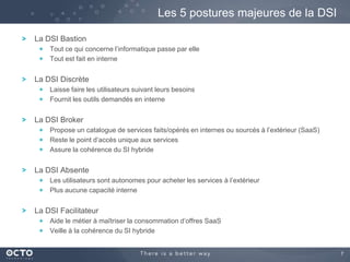 Les 5 postures majeures de la DSI
La DSI Bastion
Tout ce qui concerne l’informatique passe par elle
Tout est fait en interne

La DSI Discrète
Laisse faire les utilisateurs suivant leurs besoins
Fournit les outils demandés en interne

La DSI Broker
Propose un catalogue de services faits/opérés en internes ou sourcés à l’extérieur (SaaS)
Reste le point d’accès unique aux services
Assure la cohérence du SI hybride

La DSI Absente
Les utilisateurs sont autonomes pour acheter les services à l’extérieur
Plus aucune capacité interne

La DSI Facilitateur
Aide le métier à maîtriser la consommation d’offres SaaS
Veille à la cohérence du SI hybride

7

 