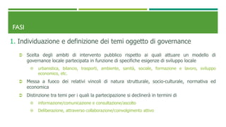 FASI
1. Individuazione e definizione dei temi oggetto di governance
 Scelta degli ambiti di intervento pubblico rispetto ai quali attuare un modello di
governance locale partecipata in funzione di specifiche esigenze di sviluppo locale
 urbanistica, bilancio, trasporti, ambiente, sanità, sociale, formazione e lavoro, sviluppo
economico, etc.
 Messa a fuoco dei relativi vincoli di natura strutturale, socio-culturale, normativa ed
economica
 Distinzione tra temi per i quali la partecipazione si declinerà in termini di
 informazione/comunicazione e consultazione/ascolto
 Deliberazione, attraverso collaborazione/coinvolgimento attivo
 