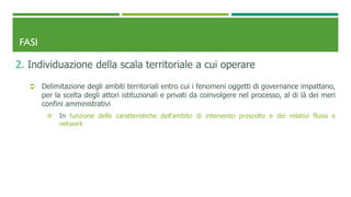 FASI
2. Individuazione della scala territoriale a cui operare
 Delimitazione degli ambiti territoriali entro cui i fenomeni oggetti di governance impattano,
per la scelta degli attori istituzionali e privati da coinvolgere nel processo, al di là dei meri
confini amministrativi
 In funzione delle caratteristiche dell’ambito di intervento prescelto e dei relativi flussi e
network
 