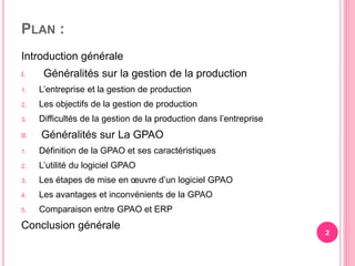 PLAN :
Introduction générale
I. Généralités sur la gestion de la production
1. L’entreprise et la gestion de production
2. Les objectifs de la gestion de production
3. Difficultés de la gestion de la production dans l’entreprise
II. Généralités sur La GPAO
1. Définition de la GPAO et ses caractéristiques
2. L’utilité du logiciel GPAO
3. Les étapes de mise en œuvre d’un logiciel GPAO
4. Les avantages et inconvénients de la GPAO
5. Comparaison entre GPAO et ERP
Conclusion générale
2
 