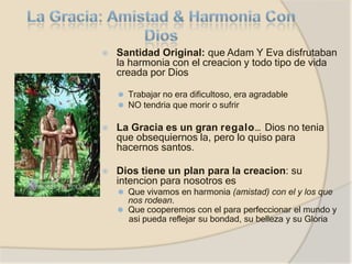 ⦿ Santidad Original: que Adam Y Eva disfrutaban
la harmonia con el creacion y todo tipo de vida
creada por Dios
⚫ Trabajar no era dificultoso, era agradable
⚫ NO tendria que morir o sufrir
⦿ La Gracia es un gran regalo… Dios no tenia
que obsequiernos la, pero lo quiso para
hacernos santos.
⦿ Dios tiene un plan para la creacion: su
intencion para nosotros es
⚫ Que vivamos en harmonia (amistad) con el y los que
nos rodean.
⚫ Que cooperemos con el para perfeccionar el mundo y
asi pueda reflejar su bondad, su belleza y su Gloria
 