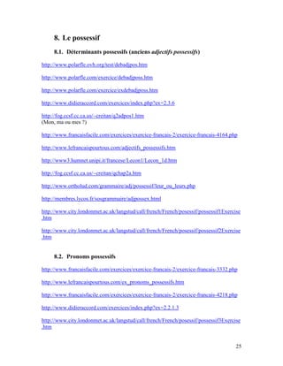 25
8. Le possessif
8.1. Déterminants possessifs (anciens adjectifs possessifs)
http://www.polarfle.ovh.org/test/debadjpos.htm
http://www.polarfle.com/exercice/debadjposs.htm
http://www.polarfle.com/exercice/exdebadjposs.htm
http://www.didieraccord.com/exercices/index.php?ex=2.3.6
http://fog.ccsf.cc.ca.us/~creitan/q2adpos1.htm
(Mon, ma ou mes ?)
http://www.francaisfacile.com/exercices/exercice-francais-2/exercice-francais-4164.php
http://www.lefrancaispourtous.com/adjectifs_possessifs.htm
http://www3.humnet.unipi.it/francese/Lecon1/Lecon_1d.htm
http://fog.ccsf.cc.ca.us/~creitan/qchap2a.htm
http://www.ortholud.com/grammaire/adj/possessif/leur_ou_leurs.php
http://membres.lycos.fr/sosgrammaire/adjpossex.html
http://www.city.londonmet.ac.uk/langstud/call/french/French/posessif/possessif1Exercise
.htm
http://www.city.londonmet.ac.uk/langstud/call/french/French/posessif/possessif2Exercise
.htm
8.2. Pronoms possessifs
http://www.francaisfacile.com/exercices/exercice-francais-2/exercice-francais-3332.php
http://www.lefrancaispourtous.com/ex_pronoms_possessifs.htm
http://www.francaisfacile.com/exercices/exercice-francais-2/exercice-francais-4218.php
http://www.didieraccord.com/exercices/index.php?ex=2.2.1.3
http://www.city.londonmet.ac.uk/langstud/call/french/French/posessif/possessif3Exercise
.htm
 
