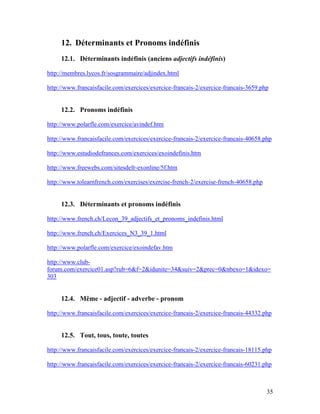 35
12. Déterminants et Pronoms indéfinis
12.1. Déterminants indéfinis (anciens adjectifs indéfinis)
http://membres.lycos.fr/sosgrammaire/adjindex.html
http://www.francaisfacile.com/exercices/exercice-francais-2/exercice-francais-3659.php
12.2. Pronoms indéfinis
http://www.polarfle.com/exercice/avindef.htm
http://www.francaisfacile.com/exercices/exercice-francais-2/exercice-francais-40658.php
http://www.estudiodefrances.com/exercices/exoindefinis.htm
http://www.freewebs.com/sitesdefr-exonline/5f.htm
http://www.tolearnfrench.com/exercises/exercise-french-2/exercise-french-40658.php
12.3. Déterminants et pronoms indéfinis
http://www.french.ch/Lecon_39_adjectifs_et_pronoms_indefinis.html
http://www.french.ch/Exercices_N3_39_1.html
http://www.polarfle.com/exercice/exoindefav.htm
http://www.club-
forum.com/exercice01.asp?rub=6&f=2&idunite=34&suiv=2&prec=0&nbexo=1&idexo=
303
12.4. Même - adjectif - adverbe - pronom
http://www.francaisfacile.com/exercices/exercice-francais-2/exercice-francais-44332.php
12.5. Tout, tous, toute, toutes
http://www.francaisfacile.com/exercices/exercice-francais-2/exercice-francais-18115.php
http://www.francaisfacile.com/exercices/exercice-francais-2/exercice-francais-60231.php
 