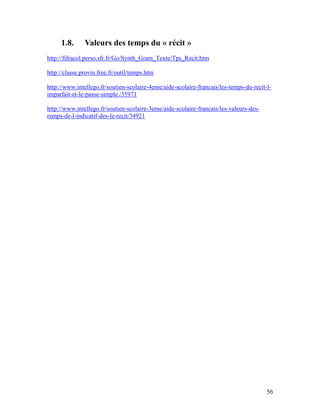 56
1.8. Valeurs des temps du « récit »
http://fifracol.perso.sfr.fr/Go/Synth_Gram_Texte/Tps_Recit.htm
http://classe.provin.free.fr/outil/temps.htm
http://www.intellego.fr/soutien-scolaire-4eme/aide-scolaire-francais/les-temps-du-recit-l-
imparfait-et-le-passe-simple./35971
http://www.intellego.fr/soutien-scolaire-3eme/aide-scolaire-francais/les-valeurs-des-
remps-de-l-indicatif-des-le-recit/34921
 