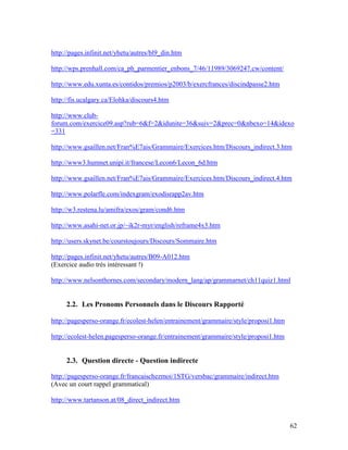 62
http://pages.infinit.net/yhetu/autres/bl9_din.htm
http://wps.prenhall.com/ca_ph_parmentier_enbons_7/46/11989/3069247.cw/content/
http://www.edu.xunta.es/contidos/premios/p2003/b/exercfrances/discindpasse2.htm
http://fis.ucalgary.ca/Elohka/discours4.htm
http://www.club-
forum.com/exercice09.asp?rub=6&f=2&idunite=36&suiv=2&prec=0&nbexo=14&idexo
=331
http://www.gsaillen.net/Fran%E7ais/Grammaire/Exercices.htm/Discours_indirect.3.htm
http://www3.humnet.unipi.it/francese/Lecon6/Lecon_6d.htm
http://www.gsaillen.net/Fran%E7ais/Grammaire/Exercices.htm/Discours_indirect.4.htm
http://www.polarfle.com/indexgram/exodisrapp2av.htm
http://w3.restena.lu/amifra/exos/gram/cond6.htm
http://www.asahi-net.or.jp/~ik2r-myr/english/reframe4x3.htm
http://users.skynet.be/courstoujours/Discours/Sommaire.htm
http://pages.infinit.net/yhetu/autres/B09-A012.htm
(Exercice audio très intéressant !)
http://www.nelsonthornes.com/secondary/modern_lang/ap/grammarnet/ch11quiz1.html
2.2. Les Pronoms Personnels dans le Discours Rapporté
http://pagesperso-orange.fr/ecolest-helen/entrainement/grammaire/style/proposi1.htm
http://ecolest-helen.pagesperso-orange.fr/entrainement/grammaire/style/proposi1.htm
2.3. Question directe - Question indirecte
http://pagesperso-orange.fr/francaischezmoi/1STG/versbac/grammaire/indirect.htm
(Avec un court rappel grammatical)
http://www.tartanson.at/08_direct_indirect.htm
 
