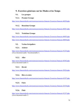 79
9. Exercices généraux sur les Modes et les Temps
9.1. Les groupes
9.1.1. Premier Groupe
http://www.francaisfacile.com/exercices/exercice-francais-2/exercice-francais-44220.php
9.1.2. Deuxième Groupe
http://www.francaisfacile.com/exercices/exercice-francais-2/exercice-francais-44261.php
9.1.3. Troisième Groupe
http://www.francaisfacile.com/exercices/exercice-francais-2/exercice-francais-44455.php
http://www.francaisfacile.com/exercices/exercice-francais-2/exercice-francais-44694.php
9.2. Verbes Irréguliers
9.2.1. Acheter
http://www.francaisfacile.com/exercices/exercice-francais-2/exercice-francais-51235.php
(Avec document audio ! Incontournable !)
9.2.2. Aller
http://www.francaisfacile.com/exercices/exercice-francais-2/exercice-francais-42542.php
(Avec document audio !)
9.2.3. Devoir
http://www.francaisfacile.com/exercices/exercice-francais-2/exercice-francais-29526.php
9.2.4. Dire et croire
http://www.francaisfacile.com/exercices/exercice-francais-2/exercice-francais-63357.php
9.2.5. Faire
http://www.francaisfacile.com/exercices/exercice-francais-2/exercice-francais-22134.php
9.2.6. Finir
http://www.francaisfacile.com/exercices/exercice-francais-2/exercice-francais-51237.php
(Avec document audio !)
 