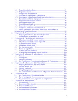 8
1.4. Propositions indépendantes........................................................................... 91
1.4.1. Propositions incises....................................................................................... 92
1.5. Juxtaposition et coordination........................................................................ 92
1.5.1. Conjonctions et locutions de coordination.................................................... 92
1.5.2. Conjonctions et locutions conjonctives de subordination............................. 93
1.6. Subordonnées relatives et conjonctives ........................................................ 93
1.7. Propositions subordonnées relatives............................................................. 93
1.8. Propositions complétives .............................................................................. 94
1.9. Propositions conjonctives ............................................................................. 94
1.10. Conjonctive ou relative ? .............................................................................. 95
1.11. Complétive, relative ou circonstancielle ?.................................................... 95
1.12. Nature des phrases : déclaratives, impératives, interrogatives ou
exclamatives, affirmatives, négatives ....................................................................... 95
2. L’expression du Temps............................................................................................. 96
2.1. Rappels grammaticaux et exercices d’application........................................ 96
2.2. Compléments Circonstanciels de temps ....................................................... 97
3. L’expression de l’Hypothèse et de la Condition....................................................... 98
3.1. L'hypothèse considérée comme possible ...................................................... 98
3.2. L'hypothèse considérée comme impossible.................................................. 98
3.3. L’hypothèse dans le présent.......................................................................... 98
3.4. L'hypothèse dans le passé ............................................................................ 98
3.5. Les structures avec des « si »........................................................................ 98
3.6. Toutes les hypothèses ................................................................................... 99
3.7. L’expression de la condition....................................................................... 100
3.8. L’expression de l’hypothèse et de la condition........................................... 100
4. L’expression de la Cause et de la Conséquence ..................................................... 102
4.1. La cause ...................................................................................................... 102
4.2. Conséquence ............................................................................................... 103
4.3. Cause - Conséquence .................................................................................. 103
4.4. Les Compléments Circonstanciels de Cause et de Conséquence ............... 105
5. L’expression de la Concession et de l’Opposition.................................................. 106
5.1. Rappels grammaticaux et exercices divers ................................................. 106
5.2. Quelque et quel…que.................................................................................. 107
5.3. Quoique et quoi que.................................................................................... 107
5.4. L’emploi du gérondif .................................................................................. 107
5.5. Les Compléments Circonstanciels de l’Opposition et de la Concession... 107
6. L’expression du But................................................................................................ 109
6.1. Les Compléments Circonstanciels de But .................................................. 109
6.2. But ou conséquence ?.................................................................................. 109
6.3. But, conséquence, cause, opposition ou comparaison? .............................. 110
7. L’expression de la Comparaison............................................................................. 111
7.1. Le comparatif.............................................................................................. 111
7.1.1. Le comparatif des adjectifs ......................................................................... 112
7.1.2. Le comparatif de noms................................................................................ 112
7.1.3. Le comparatif avec les verbes..................................................................... 113
7.1.4. Le comparatif des adverbes ........................................................................ 113
 