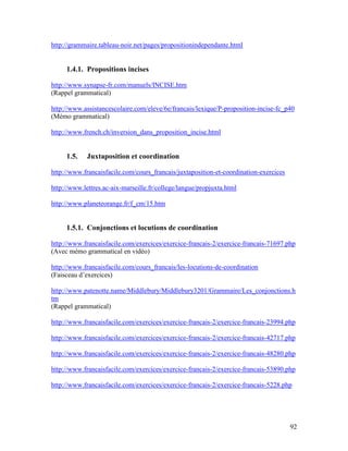 92
http://grammaire.tableau-noir.net/pages/propositionindependante.html
1.4.1. Propositions incises
http://www.synapse-fr.com/manuels/INCISE.htm
(Rappel grammatical)
http://www.assistancescolaire.com/eleve/6e/francais/lexique/P-proposition-incise-fc_p40
(Mémo grammatical)
http://www.french.ch/inversion_dans_proposition_incise.html
1.5. Juxtaposition et coordination
http://www.francaisfacile.com/cours_francais/juxtaposition-et-coordination-exercices
http://www.lettres.ac-aix-marseille.fr/college/langue/propjuxta.html
http://www.planeteorange.fr/f_cm/15.htm
1.5.1. Conjonctions et locutions de coordination
http://www.francaisfacile.com/exercices/exercice-francais-2/exercice-francais-71697.php
(Avec mémo grammatical en vidéo)
http://www.francaisfacile.com/cours_francais/les-locutions-de-coordination
(Faisceau d’exercices)
http://www.patenotte.name/Middlebury/Middlebury3201/Grammaire/Les_conjonctions.h
tm
(Rappel grammatical)
http://www.francaisfacile.com/exercices/exercice-francais-2/exercice-francais-23994.php
http://www.francaisfacile.com/exercices/exercice-francais-2/exercice-francais-42717.php
http://www.francaisfacile.com/exercices/exercice-francais-2/exercice-francais-48280.php
http://www.francaisfacile.com/exercices/exercice-francais-2/exercice-francais-53890.php
http://www.francaisfacile.com/exercices/exercice-francais-2/exercice-francais-5228.php
 