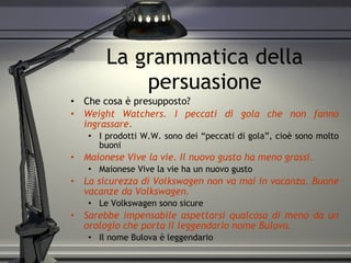 La grammatica della persuasione Che cosa è presupposto? Weight Watchers. I peccati di gola che non fanno ingrassare . I prodotti W.W. sono dei “p e ccati di gola”, cioè sono molto buoni Maionese Vive la vie. Il nuovo gusto ha meno grassi. Maionese Vive la vie ha un nuovo gusto La sicurezza di Volkswagen non va mai in vacanza. Buone vacanze da Volkswagen. Le Volkswagen sono sicure Sarebbe impensabile aspettarsi qualcosa di meno da un orologio che porta il leggendario nome Bulova. Il nome Bulova è leggendario 