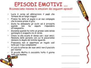 EPISODI EMOTIVI ...
Riconosciamo insieme le emozioni dei seguenti episodi!
• Lucia è corsa ad abbracciare il papà che
tornava da un lungo viaggio!
• Franco ha dato un pugno a un suo compagno
che lo aveva preso in giro.
• Giulia ha abbassato gli occhi ed è arrossita
quando non ha saputo rispondere
all’insegnante.
• Giovanna quando ha visto un grosso cane senza
guinzaglio è scappata via di corsa.
• Cinzia va alla scuola di danza con i suoi amici.
Nessuna delle persone con cui le piacerebbe
danzare la degna del minimo sguardo.
• Francesca non si aspettava un regalo così
bello per il suo compleanno!
• A Luca lo scherzo dei suoi amici non è piaciuto
per niente!
• Il piccolo Mattia è coccolato tutto il giorno
dalla sua mamma
....................................
....................................
....................................
....................................
....................................
....................................
....................................
 