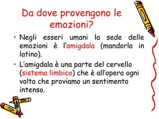 Da dove provengono le
emozioni?
• Negli esseri umani la sede delle
emozioni è l’amigdala (mandorla in
latino).
• L’amigdala è una parte del cervello
(sistema limbico) che è all’opera ogni
volta che proviamo un sentimento
intenso.
 