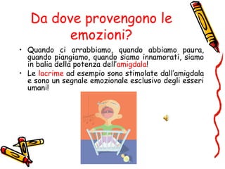 Da dove provengono le
emozioni?
• Quando ci arrabbiamo, quando abbiamo paura,
quando piangiamo, quando siamo innamorati, siamo
in balia della potenza dell’amigdala!
• Le lacrime ad esempio sono stimolate dall’amigdala
e sono un segnale emozionale esclusivo degli esseri
umani!
 