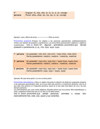 3°              Singular: él, ella, ello, le, lo, la, sí, se, consigo
persona         Plural: ellos, ellas, les, los, las, sí, se, consigo




Ejemplo: Juan y María de aman -------------------- Ellos se aman

Pronombres posesivos: Enlazan los objetos a las personas gramaticales, estableciendoentre
ambos una relación de posesión o pertenencia. Los pronombres posesivosson adjetivos o adjetivos
sustantivados. RAE: m. Gram. En algunas gramáticas, pronombre que denota
posesión o pertenencia; p. ej., mío, tuyo, suyo, cuyo.


1° persona       Un poseedor: mío (mi), mía (mi) / míos (mis), mías (mis)
                 Varios poseedores: nuestro, nuestra / nuestros, nuestras

2° persona       Un poseedor: tuyo (tu), tuya (tu) / tuyos (tus), tuyas (tus)
                 Varios poseedores: vuestro, vuestra / vuestros, vuestras

3 persona        Un poseedor: suyo (su), suya (su) / suyos (sus), suyas (sus)
                 Varios poseedores: suyo, suya / suyos, suyas


Ejemplo: Mi casa tiene jardín. La mía no tiene jardín.

Pronombres demostrativos: Indica un objeto marcando la relación de distancia queguarda respecto
a las personas gramaticales: este, es el que está más próximo a mí(primera persona); ese es el
que está más próximo a ti (segunda persona); aquel es el que está más lejano de una y de otra
(tercera persona).
Los demostrativos son unas veces adjetivos (Aquella señora era muy buena; Mira estosdibujos), y
otras, sustantivos (Este dice que no va; Eso no se debe hacer).
RAE: m. Gram. pronombre que señala personas, animales o cosas. Son
esencialmente tres, este, ese, aquel y sus variantes.
 