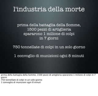 l'industria della morte
prima della battaglia della Somme,
1500 pezzi di artiglieria
spararono 1 milione di colpi
in 7 giorni
750 tonnellate di colpi in un solo giorno
1 convoglio di munizioni ogni 8 minuti
prima della battaglia della Somme, 1500 pezzi di artiglieria spararono 1 milione di colpi in 7
giorni
750 tonnellate di colpi in un solo giorno
1 convoglio di munizioni ogni 8 minuti
 