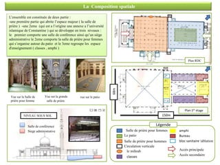 Accès secondaire
Accès principale
Bureau
amphi
bloc sanitaire /ablution
Salle de prière pour femmes
Le patio
Salle de prière pour hommes
le mihrab
classes
Légende
Circulation verticale
Plan RDC
Plan 1er étage
L’ensemble est constituée de deux partie :
-une première partie qui abrite l’espace majeur ( la salle de
prière ) -une 2eme (qui est a l’origine une annexe a l’université
islamique de Constantine ) qui se développe en trois niveaux :
le premier comporte une salle de conférence ainsi qu’un siège
administrative le 2eme comporte la salle de prière pour femmes
qui s’organise autour du patio et le 3eme regroupe les espace
d'enseignement ( classes , amphi )
Vue sur la Salle de
prière pour femme
Vue sur la grande
salle de prière
vue sur le patio
Salle de conférence
Siege administrative
NIVEAU SOUS SOL
La Composition spatiale
68m 150m
 