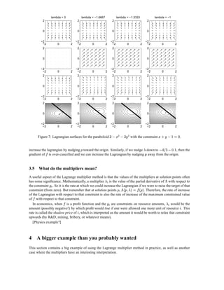 lambda = 0                lambda = −1.6667                     lambda = −1.3333                         lambda = −1
         2                             2                                        2                                       2


         0                             0                                        0                                       0


        −2                            −2                                      −2                                       −2
         −2              0        2    −2             0           2            −2                0         2            −2           0                         2
         2                             2                                       2                                        2


         0                             0                                        0                                       0


        −2                            −2                                      −2                                       −2
         −2              0        2    −2             0           2            −2                0         2            −2           0                         2
         2                             2                                       2                                        2


         0                             0                                        0                                       0


        −2                            −2                                      −2                                       −2
         −2              0        2    −2             0           2            −2                0         2            −2           0                         2
         2                             2                                       2                                        2


         0                             0                                        0                                       0


        −2                            −2                                      −2                                       −2
         −2              0        2    −2             0           2            −2                0         2            −2           0                         2

                                                                                    R %£         R                             r £                         2 t0
      Figure 7: Lagrangian surfaces for the paraboloid                       P VI          (P
                                                                                           XI        with the constraint                  vEX
                                                                                                                                         S P                           .

                                                                                                               ’                                    © D2
increase the lagrangian by nudging toward the origin. Similarly, if we nudge down to
                                           ‘                                                   , then the                        g(h gP
                                                                                                                                P i f                      S
gradient of is over-cancelled and we can increase the Lagrangian by nudging away from the origin.                  ‘


3.5 What do the multipliers mean?
A useful aspect of the Lagrange multiplier method is that the values of the multipliers at solution points often
                                                                  $ ’                                                                   ”
has some signiﬁcance. Mathematically, a multiplier is the value of the partial derivative of with respect to
                     $
the constraint . So it is the rate at which we could increase the Lagrangian if we were to raise the target of that
                                                                                      ¢a™—§ ¡ ”
                                                                                          ¡   0  ’
constraint (from zero). But remember that at solution points ,                     . Therefore, the rate of increase
                                                                                        ‘           ‘ ‘
of the Lagrangian with respect to that constraint is also the rate of increase of the maximum constrained value
   
of with respect to that constraint.
                                                                         $                                                                   $ ’
   In economics, when is a proﬁt function and the are constraints on resource amounts,
                                                                                                     would be the
amount (possibly negative!) by which proﬁt would rise if one were allowed one more unit of resource . This                                                         u
rate is called the shadow price of , which is interpreted as the amount it would be worth to relax that constraint
                                       u
upwards (by RD, mining, bribery, or whatever means).
   [Physics example?]



4 A bigger example than you probably wanted
This section contains a big example of using the Lagrange multiplier method in practice, as well as another
case where the multipliers have an interesting interpretation.
 