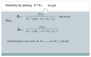 Similarly by putting x=x1, we get
A1 = and so on.
Thus,
An =
Substituting these values of A0 ,A1, A2 ,......., An in (i) , we get
)())((
)(
12101
1
nxxxxxx
xf
 
)())((
)(
110  nnnn
n
xxxxxx
xf

 
