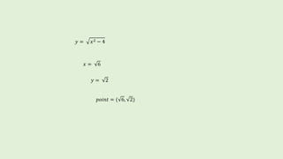 𝑦 = 𝑥2 − 4
𝑥 = 6
𝑦 = 2
𝑝𝑜𝑖𝑛𝑡 = ( 6, 2)
 
