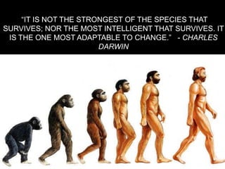 IT IS NOT THE STRONGEST OF THE SPECIES THAT
SURVIVES; NOR THE MOST INTELLIGENT THAT SURVIVES. IT
 IS THE ONE MOST ADAPTABLE TO CHANGE. - CHARLES
                        DARWIN
 