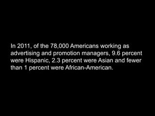 In 2011, of the 78,000 Americans working as
advertising and promotion managers, 9.6 percent
were Hispanic, 2.3 percent were Asian and fewer
than 1 percent were African-American.
 