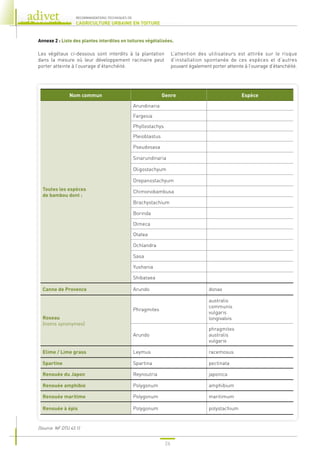 26
RECOMMANDATIONS TECHNIQUES DE
L’AGRICULTURE URBAINE EN TOITURE
Annexe 2 : Liste des plantes interdites en toitures végétalisées.
Nom commun Genre Espèce
Toutes les espèces
de bambou dont :
Arundinaria
Fargesia
Phyllostachys
Pleioblastus
Pseudosasa
Sinarundinaria
Oligostachyum
Drepanostachyum
Chimonobambusa
Brachystachium
Borinda
Olmeca
Otatea
Ochlandra
Sasa
Yushania
Shibataea
Canne de Provence Arundo donax
Roseau
(noms synonymes)
Phragmites
australis
communis
vulgaris
longivalvis
Arundo
phragmites
australis
vulgaris
Elime / Lime grass Leymus racemosus
Spartine Spartina pectinata
Renouée du Japon Reynoutria japonica
Renouée amphibie Polygonum amphibium
Renouée maritime Polygonum maritimum
Renouée à épis Polygonum polystachium
Les végétaux ci-dessous sont interdits à la plantation
dans la mesure où leur développement racinaire peut
porter atteinte à l’ouvrage d’étanchéité.
L’attention des utilisateurs est attirée sur le risque
d’installation spontanée de ces espèces et d’autres
pouvant également porter atteinte à l’ouvrage d’étanchéité.
(Source NF DTU 43.1)
 