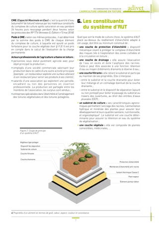 7
RECOMMANDATIONS TECHNIQUES DE
L’AGRICULTURE URBAINE EN TOITURE
CME (Capacité Maximale en Eau) : c’est la quantité d’eau
(volume/m² de toiture) retenue par les matériaux constitutifs
du complexe de culture après saturation en eau pendant
24 heures puis ressuyage pendant deux heures selon
les protocoles des RP TTV (AnnexesG,Éditionn°3mai2018).
Poids à CME : selon ces mêmes protocoles , il est déterminé
par la somme des poids à CME de chaque élément
du complexe de culture, à laquelle est ajouté un poids
forfaitaire pour la couche végétale (voir § 9.3). Il est pris
en compte dans le calcul de l’évaluation de la charge
permanente.
Acteurs professionnels de l’agriculture urbaine en toiture :
• 
personnes sous statut purement agricole avec pour
objet principal la production ;
• 
employés d’une société commerciale valorisant leur
production dans le cadre d’une autre activité principale
(exemple : un restaurateur exploite une surface attenant
à son restaurant pour servir ses produits à ses clients) ;
• 
salariés d’une association qui exploitent une parcelle,
encadrent ou non des personnes en insertion
professionnelle. La production est partagée entre les
membres de l’association, les surplus sont vendus ;
• 
entreprisesspécialiséesdansl’étanchéitéetl’aménagement
des toitures végétalisées et des toitures potagères.
6. 
Les constituants
du système d’AUT
Quel que soit le mode de culture choisi, le système d’AUT
placé au-dessus du revêtement d’étanchéité adapté à
cet usage, doit être au minimum constitué de :
• 
une couche de protection d’étanchéité : dispositif
mécanique visant à protéger le complexe d’étanchéité
des risques liés à l’exploitation des zones cultivées et
à la circulation en toiture ;
• 
une couche de drainage : elle assure l’évacuation
de l’eau en excès et évite l’asphyxie des racines.
Celle-ci peut être associée à une fonction rétention
d’eau au moyen d’éléments drainants à réserve d’eau ;
• 
une couche filtrante : elle retient le substrat et participe
au maintien de ses propriétés. Elle s’interpose :
- 
entre le substrat et la couche drainante pour éviter
leur mélange et un colmatage éventuel de la couche
drainante ;
- 
entre le substrat et le dispositif de séparation (ajouré
ou non jointoyé) pour éviter le passage du substrat au
travers des ouvertures, au droit des entrées d’eaux
pluviales (EEP) ;
• 
un substrat de culture : ses caractéristiques agrono-
miques permettent l’ancrage des racines, l’alimentation
hydrique et minérale des plantes pour assurer leur
développement et leurs qualités sanitaire, nutritionnelle,
et organoleptique4
. Le substrat est une couche déter-
minante pour assurer la rétention en eau du système
de végétalisation ;
• 
une couche végétale : elle est composée de plantes
comestibles, médicinales, ...
4 
Propriétés d’un aliment en termes de goût, odeur, aspect, couleur et consistance.
Végétaux type potager
Dispositif de séparation
Substrat de culture
Couche filtrante
Couche drainante
Protection d’étanchéité
Membrane d’étanchéité anti-racine
Isolant thermique Classe C
Pare-vapeur
Élément porteur béton
Figure 2. Coupe de principe
d’un système d’AUT
 