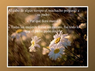 Al cabo de algún tiempo el muchacho preguntó a su padre: « Por qué llora mamá ? « Todas las mujeres lloran sin razón», fué todo lo que el padre pudo decirle . 