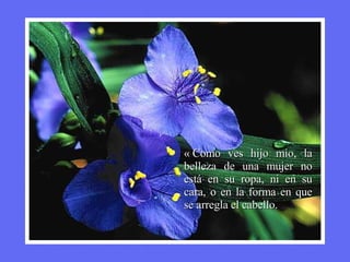 « Como ves hijo mio, la belleza de una mujer no está en su ropa, ni en su cara, o en la forma en que se arregla el cabello. 