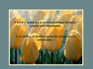« Le dí el poder que le permite continuar luchando cuando todos abandonan. Y el cuidar a su familia a pesar del cansancio o la enfermedad. » 