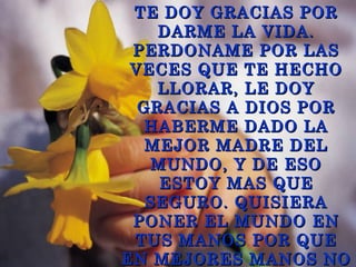 TE DOY GRACIAS POR
    DARME LA VIDA.
 PERDONAME POR LAS
 VECES QUE TE HECHO
    LLORAR, LE DOY
  GRACIAS A DIOS POR
   HABERME DADO LA
   MEJOR MADRE DEL
   MUNDO, Y DE ESO
    ESTOY MAS QUE
   SEGURO. QUISIERA
 PONER EL MUNDO EN
 TUS MANOS POR QUE
EN MEJORES MANOS NO
 