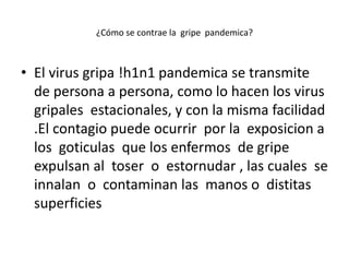 ¿Cómo se contrae la gripe pandemica?
• El virus gripa !h1n1 pandemica se transmite
de persona a persona, como lo hacen los virus
gripales estacionales, y con la misma facilidad
.El contagio puede ocurrir por la exposicion a
los goticulas que los enfermos de gripe
expulsan al toser o estornudar , las cuales se
innalan o contaminan las manos o distitas
superficies
 