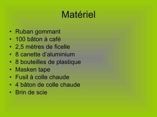 Matériel Ruban gommant 100 bâton à café 2,5 mètres de ficelle 8 canette d’aluminium 8 bouteilles de plastique Masken tape Fusil à colle chaude 4 bâton de colle chaude Brin de scie  
