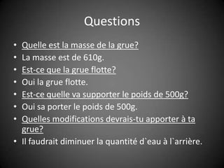 QuestionsQuelle est la masse de la grue?     La masse est de 610g.Est-ce que la grue flotte?Oui la grue flotte.Est-ce quelle va supporter le poids de 500g?Oui sa porter le poids de 500g.Quelles modifications devrais-tu apporter à ta grue?Il faudrait diminuer la quantité d`eau à l`arrière.
