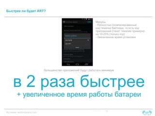 Быстрее ли будет ART?
Минусы:
- Полностью скомпилированный
код тяжелее байткода, то есть код
приложений станет тяжелее примерно
на 10-20% (только код)
- Увеличенное время установки

большинство приложений будут работать минимум

в 2 раза быстрее
+ увеличенное время работы батареи

Источник: androidpolice.com

7

 