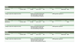 JPEG
COMPRESSIÓ RESOLUCIÓ DIMENSIONS PES MIDA CANALS ALFA CAPES COLOR MODE
MATRICIAL 72 900 x 1200 766 KB 12,5'' x 16,7'' NO NO 8bits/canal RGB
PRO CONTRA ESPECIFICITATS
· Lleuger i apte com a adjunt en correu ·Pèrdua irreversible d'informació ·JPEG guardat a qualitat 12
· No manté capes ni canals alfa
· Poc recomanable per imprimir
JPEG
COMPRESSIÓ RESOLUCIÓ DIMENSIONS PES MIDA CANALS ALFA CAPES COLOR MODE
MATRICIAL 72 900 x 1200 261 KB 12,5'' x 16,7'' NO NO RGB
PRO CONTRA ESPECIFICITATS
· Lleuger i apte com a adjunt en correu ·Pèrdua irreversible d'informació ·JPEG guardat a qualitat 6
· No manté capes ni canals alfa
· Poc recomanable per imprimir
JPEG
COMPRESSIÓ RESOLUCIÓ DIMENSIONS PES MIDA CANALS ALFA CAPES COLOR MODE
MATRICIAL 72 900 x 1200 93 KB 12,5'' x 16,7'' NO NO 8bits/canal RGB
PRO CONTRA ESPECIFICITATS
· Lleuger i apte com a adjunt en correu ·Pèrdua irreversible d'informació ·JPEG guardat a qualitat 2
· No manté capes ni canals alfa
· Molt poc recomanable per imprimir
 