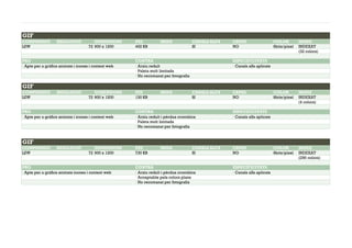 GIF
COMPRESSIÓ RESOLUCIÓ DIMENSIONS PES MIDA CANALS ALFA CAPES COLOR MODE
LZW 72 900 x 1200 452 KB SI NO 8bits/píxel INDEXAT
(32 colors)
PRO CONTRA ESPECIFICITATS
· Apte per a gràfics animats i icones i context web · Arxiu reduït · Canals alfa aplicats
· Paleta molt limitada
· No recomanat per fotografia
GIF
COMPRESSIÓ RESOLUCIÓ DIMENSIONS PES MIDA CANALS ALFA CAPES COLOR MODE
LZW 72 900 x 1200 130 KB SI NO 8bits/píxel INDEXAT
(4 colors)
PRO CONTRA ESPECIFICITATS
· Apte per a gràfics animats i icones i context web · Arxiu reduït i pèrdua cromàtica · Canals alfa aplicats
· Paleta molt limitada
· No recomanat per fotografia
GIF
COMPRESSIÓ RESOLUCIÓ DIMENSIONS PES MIDA CANALS ALFA CAPES COLOR MODE
LZW 72 900 x 1200 730 KB SI NO 8bits/píxel INDEXAT
(256 colors)
PRO CONTRA ESPECIFICITATS
· Apte per a gràfics animats icones i context web · Arxiu reduït i pèrdua cromàtica · Canals alfa aplicats
· Acceptable pels colors plans
· No recomanat per fotografia
 