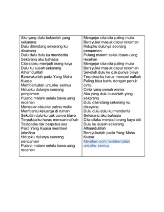 Aku yang dulu bukanlah yang
sekarang
Dulu ditendang sekarang ku
disayang
Dulu dulu dulu ku menderita
Sekarang aku bahagia
Cita-citaku menjadi orang kaya
Dulu ku susah sekarang
Alhamdulillah
Bersyukurlah pada Yang Maha
Kuasa
Memberi jalan untukku semua
Hidupku dulunya seorang
pengamen
Pulang malam selalu bawa uang
recehan
Mengejar cita-cita paling mulia
Membantu keluarga di rumah
Sekolah dulu ku gak punya biaya
Terpaksa ku harus mencari nafkah
Tetapi aku tak berputus asa
Pasti Yang Kuasa memberi
jalanNya
Hidupku dulunya seorang
pengamen
Pulang malam selalu bawa uang
recehan
Mengejar cita-cita paling mulia
Bersyukur masuk dapur rekaman
Hidupku dulunya seorang
pengamen
Pulang malam selalu bawa uang
recehan
Mengejar cita-cita paling mulia
Bersyukur masuk dapur rekaman
Sekolah dulu ku gak punya biaya
Terpaksa ku harus mencari nafkah
Paling bisa bantu dengan penuh
cinta
Cinta yang penuh warna
Aku yang dulu bukanlah yang
sekarang
Dulu ditendang sekarang ku
disayang
Dulu dulu dulu ku menderita
Sekarang aku bahagia
Cita-citaku menjadi orang kaya oiii
Dulu ku susah sekarang
Alhamdulillah
Bersyukurlah pada Yang Maha
Kuasa
Memberi ooh memberijalan
untukku semua
 