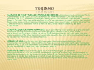 TURISMOSANTUARIO DE FSUNS Y FLORA LOS FALMENCOS ROSADOS: ubicado entre el corregimiento de Camarones y el río Tapias, con una extensión de 7.000 hectáreas y una temperatura promedio de 27 °C. Posee innumerables ciénagas conocidas con los nombres de: Manzanillo, Laguna Grande, Ciénaga del Navío Quebrado y Tocoromanes. Su principal atractivo son los flamencos, aves con hermoso plumaje rosado cuyos nidos, construidos en barro alcanzan los 6 dm de altura. Es necesario tomar la troncal del Caribe hasta Riohacha y de allí a Camarones.PARQUE NACIONAL NATURAL DE MACUIRA: es un ecosistema único debido a la presencia de montañas y bosques que contrastan con la geografía desértica de la zona. Posee nacimientos de agua y es hábitat de micos, tigrillos el gato pardo, venados, guacharacas, mirlas y azulejos entre otras especies. La entrada es gratis, tras una corta caminata se llega a la cascada de Porcina y los pozos aledaños.CABO DE LA VELA:eneste hermoso sitio hay varias playas de singular belleza y sitios interesantes como el Faro y el cerro Pilón de Azúcar, con un profundo significado mitológico para los Wayuu, ya que ellos creen que al morir, sus almas pasan por este sitio. En este sitio las playas son doradas, rodeadas del azul intenso del mar.Balneario "El Salto" en La Junta Guajira, es un maravilloso lugar, un canal de aproximadamente 1,5 m de ancho x 8 m de profundidad x 10 mdelargo, esculpido por la naturaleza en una masa rocosa en el cause del río Santo Tomás. Además del chorro que se forma por la caída libre del agua al canal, al salir del mismo se forma una gran piscina natural, la cual podemos disfrutar en los meses comprendidos entre mayo y noviembre de cada año.