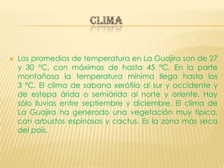 CLIMALos promedios de temperatura en La Guajira son de 27 y 30 °C, con máximas de hasta 45 °C. En la parte montañosa la temperatura mínima llega hasta los 3 °C. El clima de sabana xerófila al sur y occidente y de estepa árida o semiárida al norte y oriente. Hay sólo lluvias entre septiembre y diciembre. El clima de La Guajira ha generado una vegetación muy típica, con arbustos espinosos y cactus. Es la zona más seca del país.