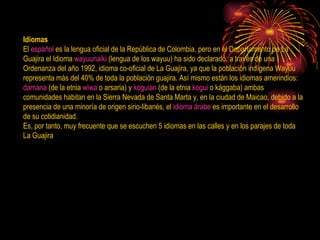 Idiomas El  español  es la lengua oficial de la República de Colombia, pero en el Departamento de La Guajira el Idioma  wayuunaiki  (lengua de los wayuu) ha sido declarado, a través de una Ordenanza del año 1992, idioma co-oficial de La Guajira, ya que la población indígena Wayuu representa más del 40% de toda la población guajira. Así mismo están los idiomas amerindios:  damana  (de la etnia  wiwa  o arsaria) y  koguian  (de la etnia  kogui  o kággaba) ambas comunidades habitan en la Sierra Nevada de Santa Marta y, en la ciudad de Maicao, debido a la presencia de una minoría de origen sirio-libanés, el  idioma árabe  es importante en el desarrollo de su cotidianidad. Es, por tanto, muy frecuente que se escuchen 5 idiomas en las calles y en los parajes de toda La Guajira 