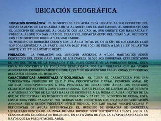Ubicación geográficaUbicación Geográfica:  El municipio de Riohacha esta ubicado al sur occidente del departamento de la Guajira, limita al norte con el Mar Caribe, al nororiente con el municipio de Manaure, al oriente con Maicao, al sur oriente con Barrancas y Fonseca, al sur con San Juan del Cesar y el departamento del Cesar y al occidente con el municipio de Dibulla y el Mar Caribe. El municipio de Riohacha cuenta con un área total de 4.913 Km², de los cuales 13.52 Km² corresponden a la parte urbana (0.27 por 100); se ubica a los 11°33’ de latitud norte y 72°57’ de longitud oeste.Población:  La población del municipio asciende a 97.066 habitantes según proyección del censo DANE 1993, de los cuales 18.593 son indígenas, representando el 19% del total de la población y el 14.1% constituye la población rural. Esta cifra no contempla la población desplazada por la  violencia que ha venido aumentando progresivamente desde 1995 y se ha asentado en las zonas periféricas del casco urbano del municipio . Características Ambientales y Ecológicas:  El clima se caracteriza por una temperatura promedio de 28°C y una precipitación pluvial promedio anual de 401.6mm, correspondientes a una provincia de unidad semi árida. Los registros climáticos definen esta zona como bi-modal  con un período de lluvias altas de Mayo a Noviembre y otro de lluvias bajas de Diciembre a La media Guajira, dentro de la que se encuentran los municipios de Riohacha y parte del municipio de Uribia, esta constituida principalmente por tierras semi desérticas con escasez de vegetación arbórea. Esta región presenta déficit hídrico, por las bajas precipitaciones y deficiencias de aguas superficiales. El municipio de Riohacha se encuentra localizado dentro de la zona de vida Bosque Seco Subtropical (bs-ST) Según la clasificación ecológica de Holdridge, en esta zona de vida la evapotranpiración es mayor que la precipitación. Abril. 