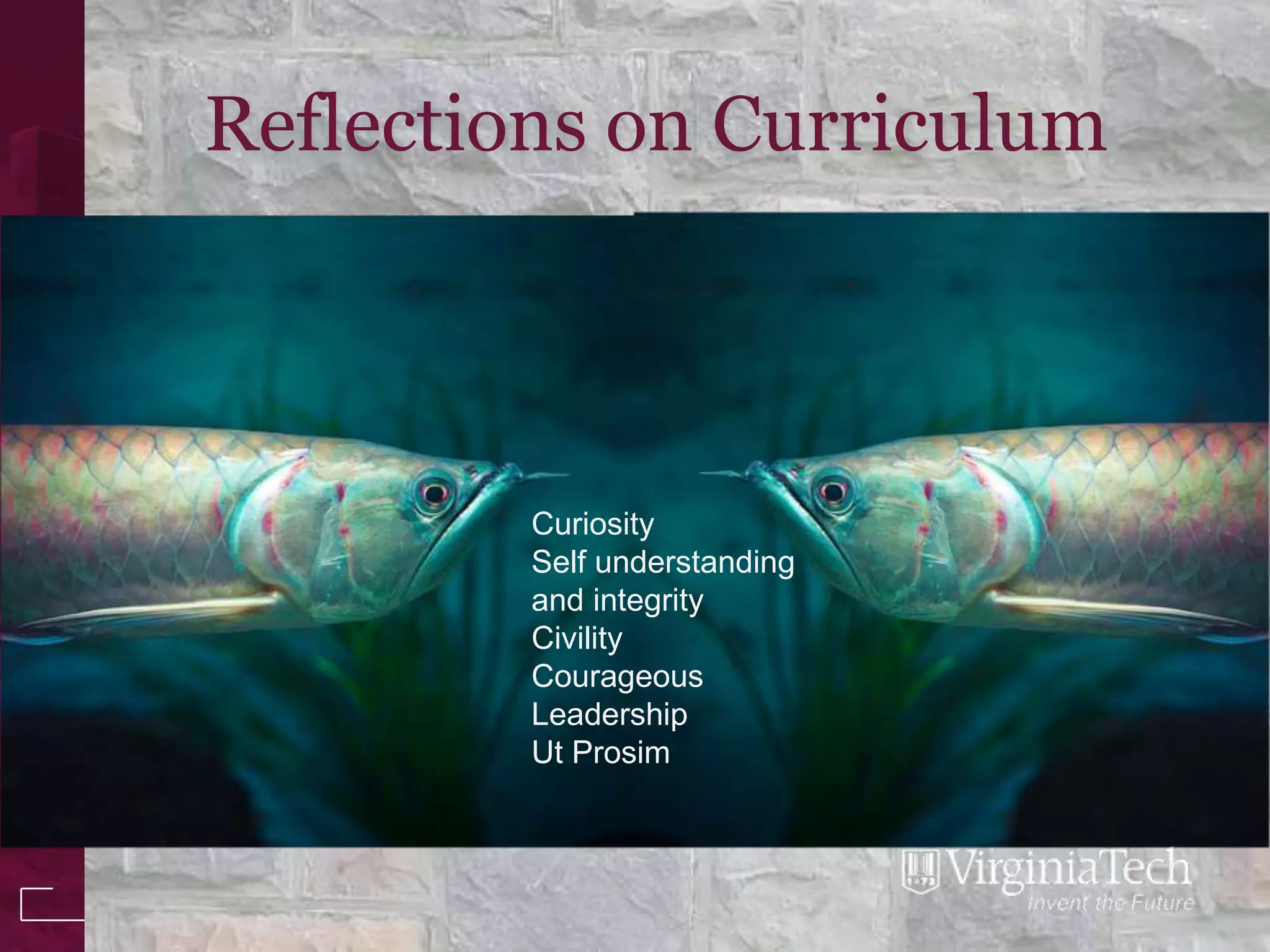 Reflections on Curriculum



         Curiosity
         Self understanding
         and integrity
         Civility
         Courageous
         Leadership
         Ut Prosim
 