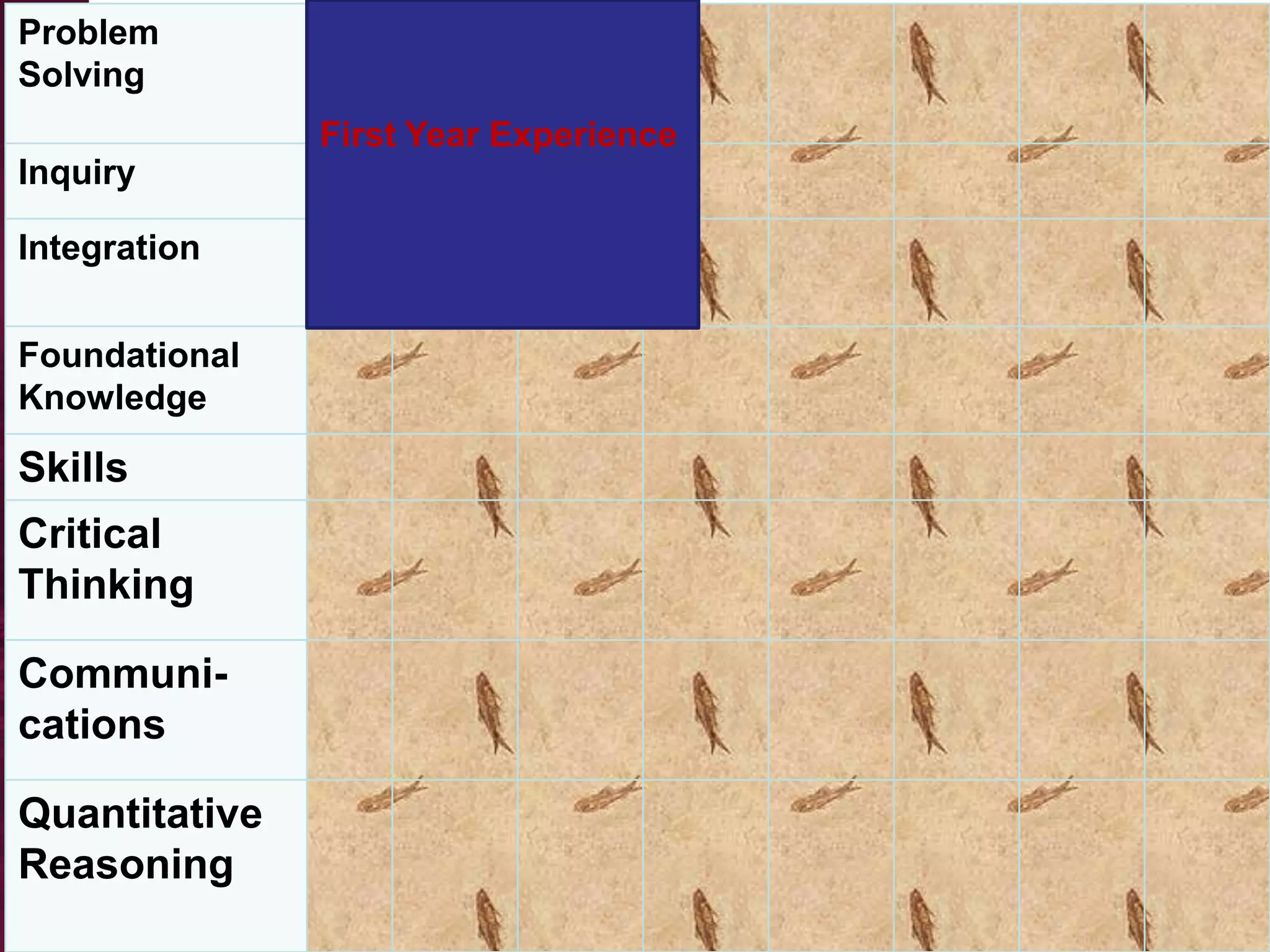 Problem
Solving
               First Year Experience
Inquiry

Integration


Foundational
Knowledge

Skills
Critical
Thinking

Communi-
cations

Quantitative
Reasoning
 
