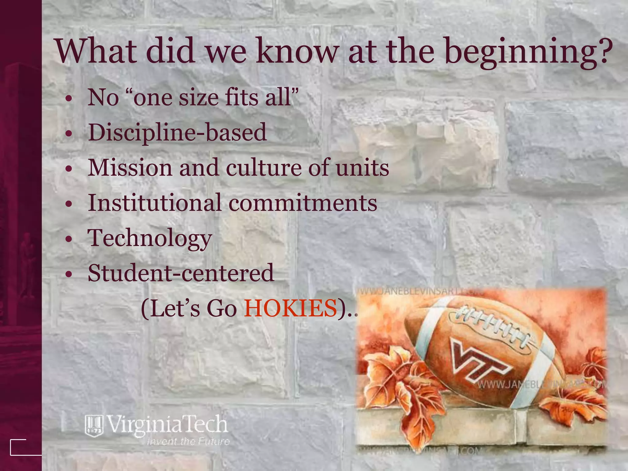 What did we know at the beginning?
•   No “one size fits all”
•   Discipline-based
•   Mission and culture of units
•   Institutional commitments
•   Technology
•   Student-centered
         (Let’s Go HOKIES)...


                                   5
 