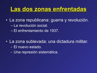 Las dos zonas enfrentadas La zona republicana: guerra y revolución.  La revolución social. El enfrentamiento de 1937. La zona sublevada: una dictadura militar. El nuevo estado. Una represión sistemática. 