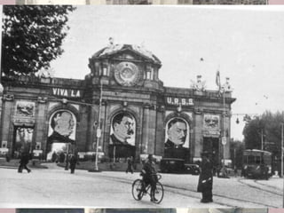 • Des del primer moment va tenir una gran repercussió internacional.
• L’esclat de la guerra va ser vist com una confrontació entre forces
democràtiques (socialistes/comunistes) i règims feixistes en expansió
(Alemanya/Itàlia).
• La guerra d'Espanya, va ser un esdeveniment que va apassionar i
dividir els governants, els mitjans de comunicació, l’opinió pública i
els intel·lectuals:
• Els governs feixistes (Itàlia i Alemanya), el règim filofeixista portuguès
d’Oliveira Salazar i el catolicisme tradicional i el papat sentiren
simpatia envers els rebels.
• L’opinió democràtica i progressista mundial i els partits obrers d’arreu
del món es posicionaren a favor de la República. La URSS va donar el
seu suport.
• Les democràcies europees com França i Gran Bretanya mantindran
una posició més ambigua per por a l’extensió del conflicte.
La internacionalització de la Guerra Civil
 