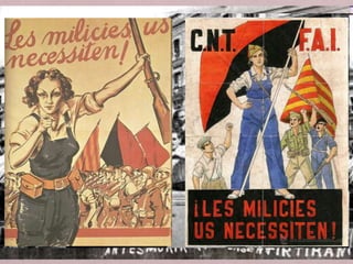 • A la zona republicana la situació era complexa: una part de les
forces d’esquerra volien acomplir els anhels de revolució
social, d’altra calia concentrar tots els esforços per guanyar la
guerra.
El desencadenament de la revolució social
• Al territori que es mantingué fidel a la República la insurrecció
militar va provocar l’extensió d’un clima revolucionari.
• Per aturar la insurrecció, el govern republicà de José Giral va:
• Dissoldre l’exèrcit tradicional i els cossos policials.
• Decretar la creació de batallons de voluntaris (integrar-se en les
milícies).
 